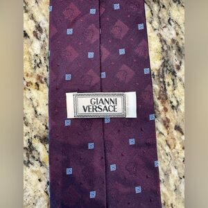Versace Burgundy Silk Tie with Blue Geometric Motif
